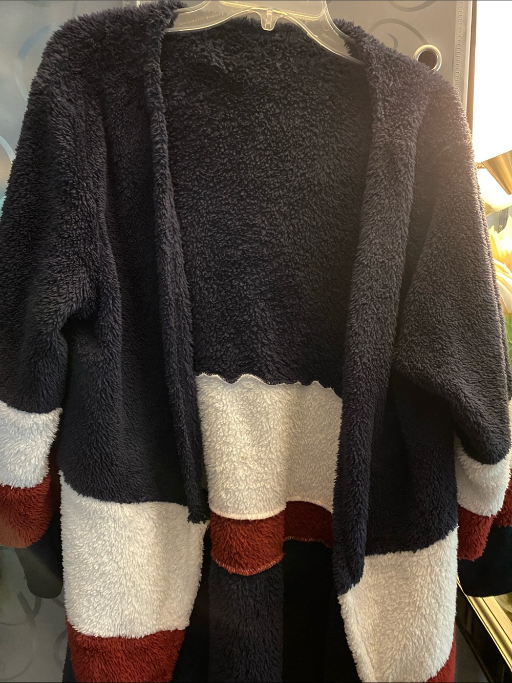 Cozy Colorblock Sherpa Cardigan Sweater - Navy, White & Rusted Red